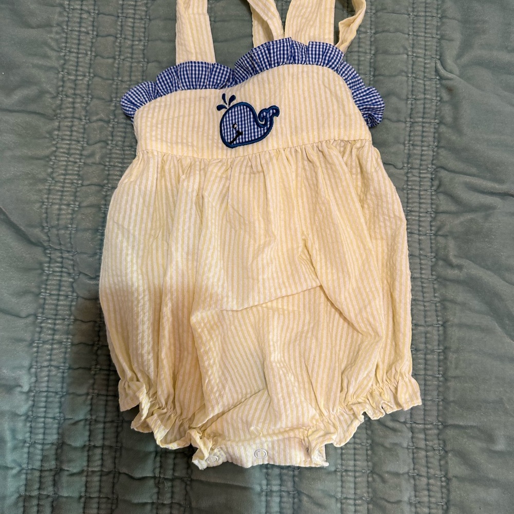 Yellow Striped Baby One-Piece with Blue Whale Embroidery